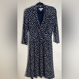 Liz Claiborne Navy Blue‎ White Polka Dot Wrap Dress Large Long Sleeve